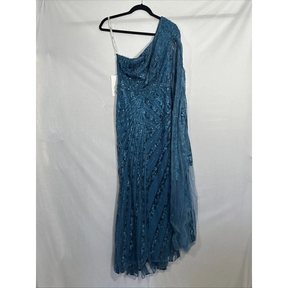 NWT Mac Duggal [ 4 ] 20528 One Shoulder‎ Cape Sleeve Embellished Gown Blue J1911 - Picture 9 of 15
